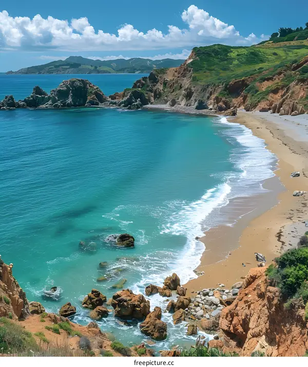 Rocky beach with turquoise water and green hills