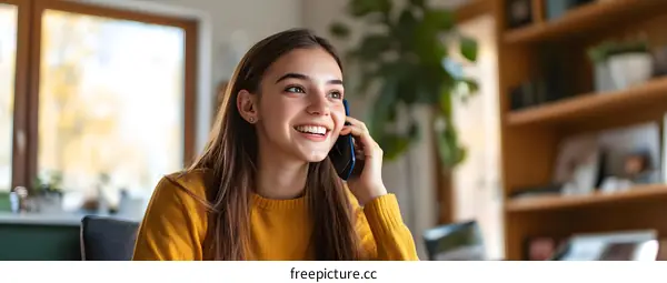 Smiling Woman on Phone Call at Home
