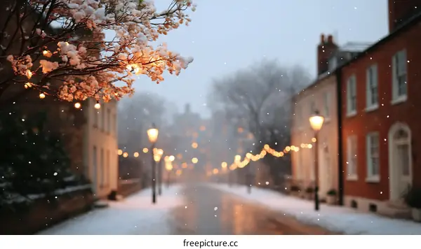 Snowy Winter Street Scene with Warm Lights