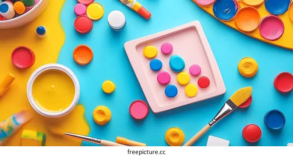 Colorful Paint Palette With Brushes On Blue Background