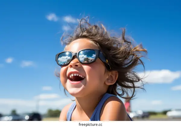 Little Girl Wearing Sunglasses and Smiling with Her Mouth Open