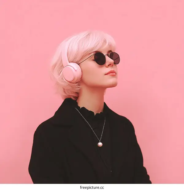 Fashionable Woman Listening to Music in Pink Studio