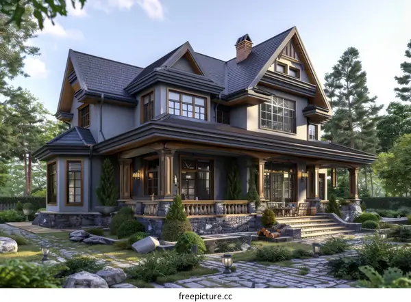 Luxury Home With Stone Walkway And Lush Greenery