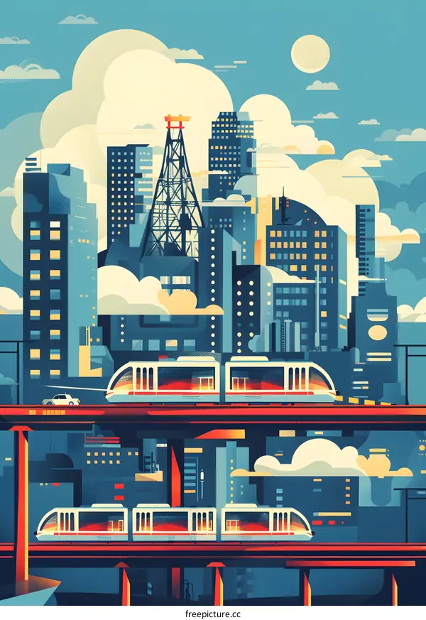 Futuristic Cityscape with Skytrain and Tall Buildings