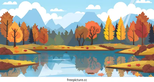 Autumn Forest Landscape with Mountain and Lake