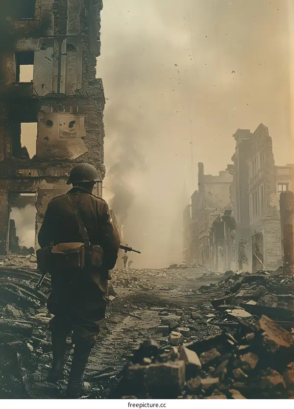 A soldier walking through a destroyed city during World War II