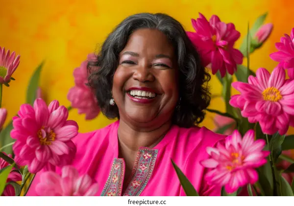 A cheerful African-American woman is posing in a field of pink flowers. She is wearing a bright pink shirt and has a warm smile on her face.