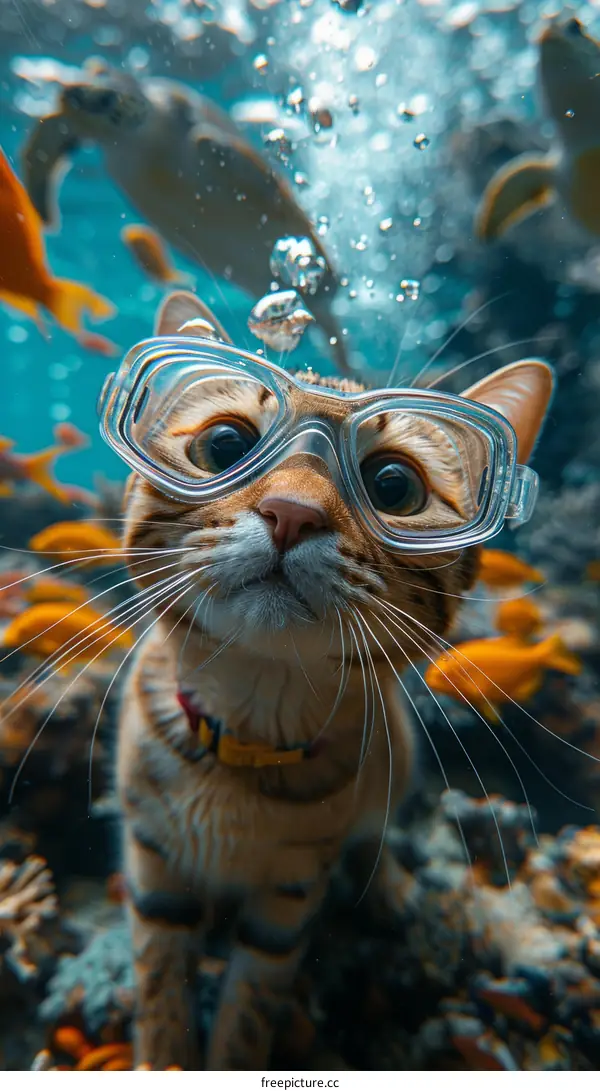 Cat in Diving Goggles Explores Underwater World