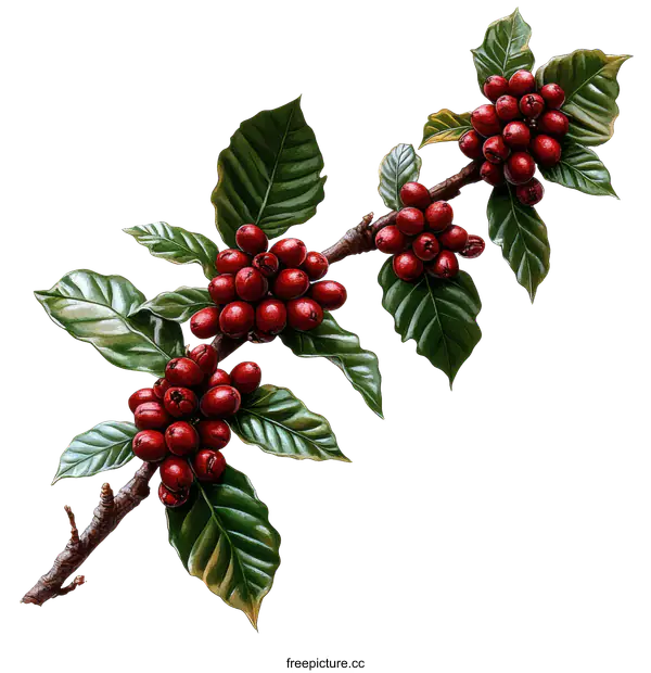 [Transparent Background PNG]Coffee Branch with Berries and Leaves Illustration
