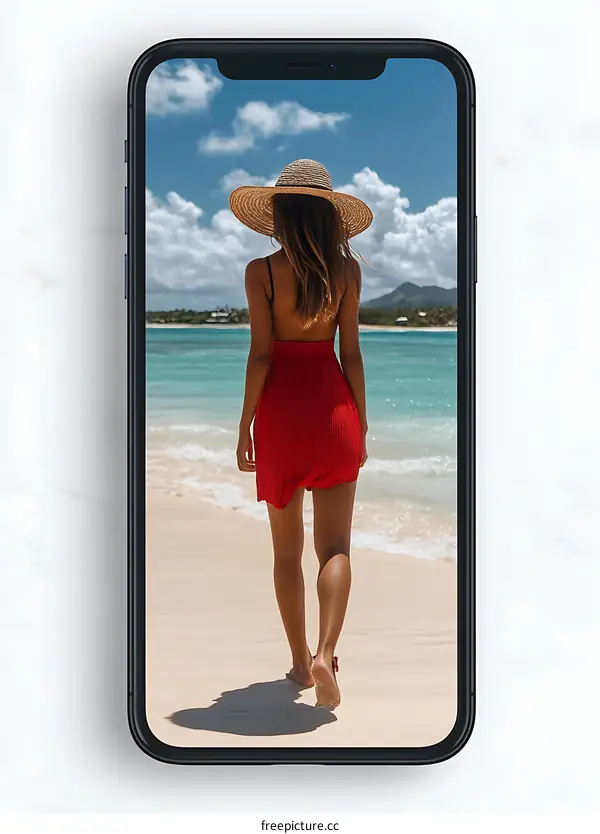 Woman in Red Dress Walking on Beach with Phone Screen Display