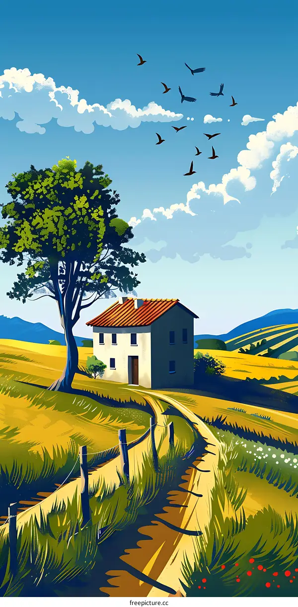 Summer Landscape with Country House and Birds Flying in the Sky