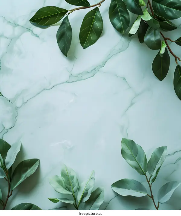 Green Leaves on Marble Background
