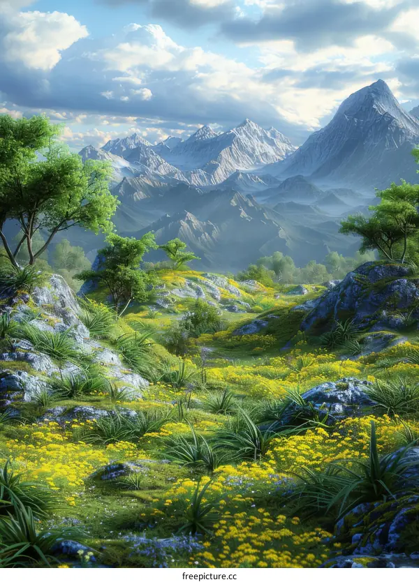 A Verdant Valley Nestled Amidst Towering Mountains
