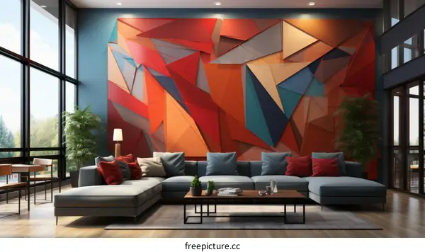 vibrant geometric shapes painting on living room wall