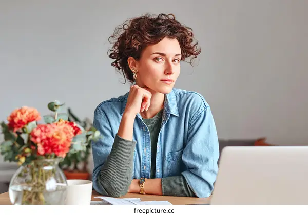 Thoughtful Woman at a Desk with Flowers