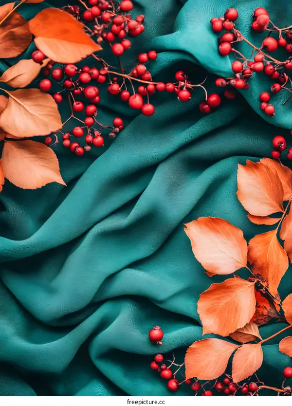 Autumn Leaves and Berries on Teal Fabric Background