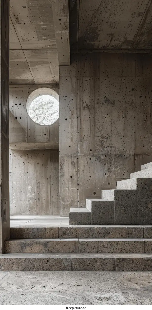 Steps lead up to a round window in a concrete building