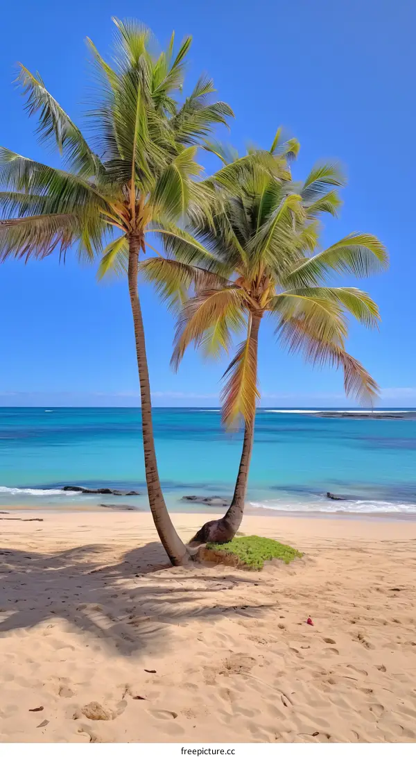 Two palm trees on a beach with white sand and blue ocean