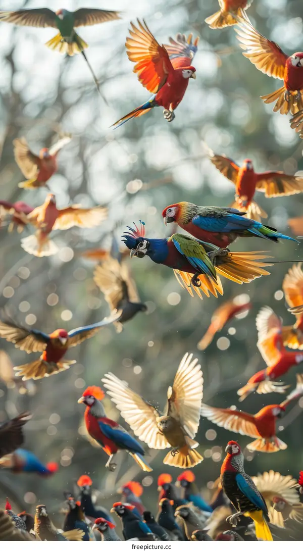 A flock of colorful parrots flying in the sky