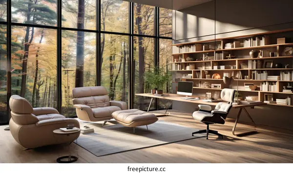 Modern home office with large windows and a view of the forest