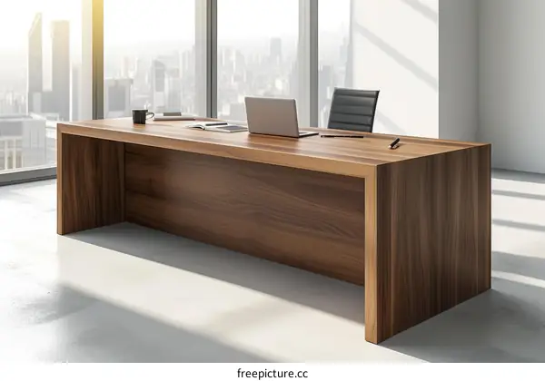 An executive desk made of wood with a laptop on it