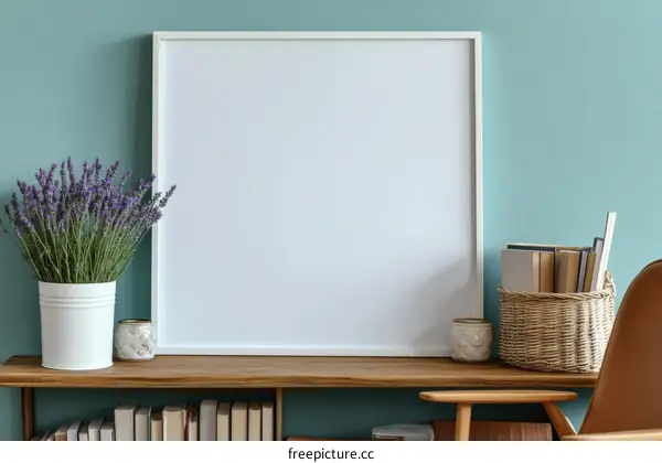 Empty Frame on a Wooden Shelf with Lavender
