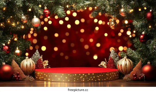 Christmas Scene with Red Podium and Decorations