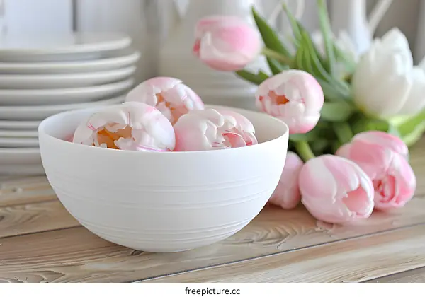 Pink Tulips In A White Bowl On A Wooden Table