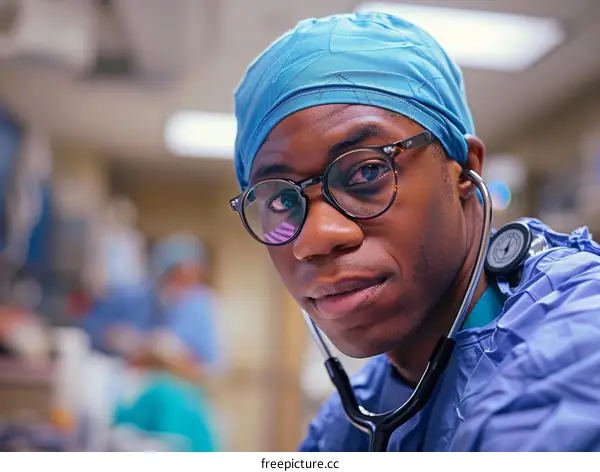 Portrait of a male doctor wearing a blue surgical cap and glasses