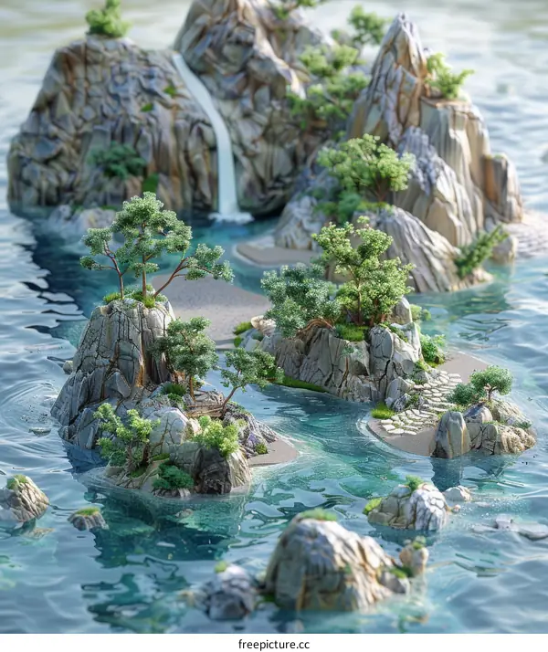 Miniature Islands in Water with Trees and Rocks