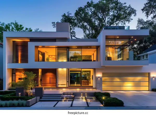 Modern House Exterior with Glass Windows and Wooden Doors at Dusk