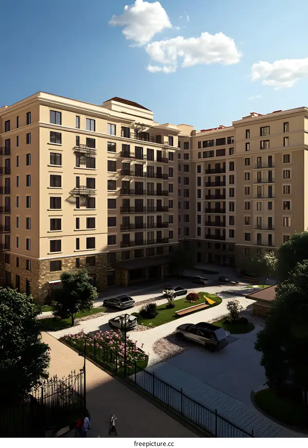 Modern Apartment Building Exterior With Green Spaces