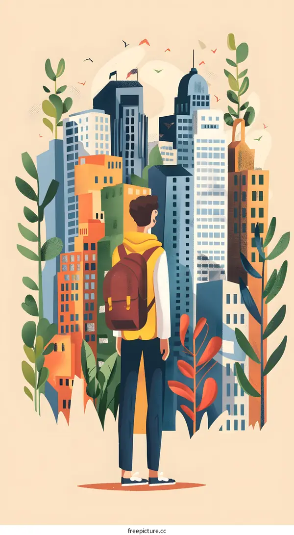 Man With Backpack Looking At City Skyline Illustration
