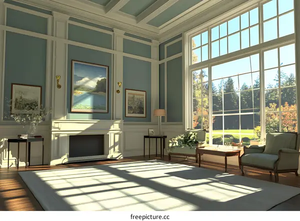 Modern Living Room with Fireplace and Large Windows