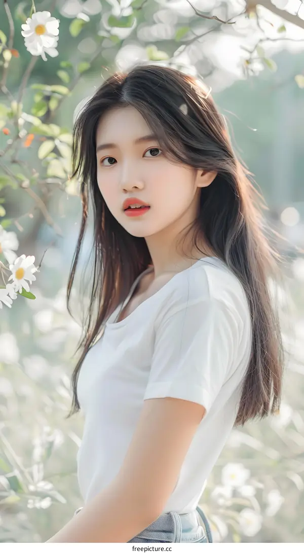 Portrait of Young Asian Woman in White T-shirt