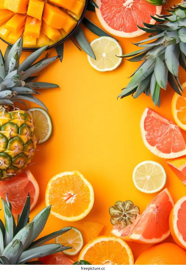 Fresh Tropical Fruits on Yellow Background