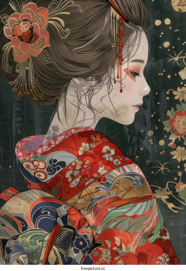 A digital painting of a Japanese woman in traditional kimono with red and gold patterns and hair ornaments.