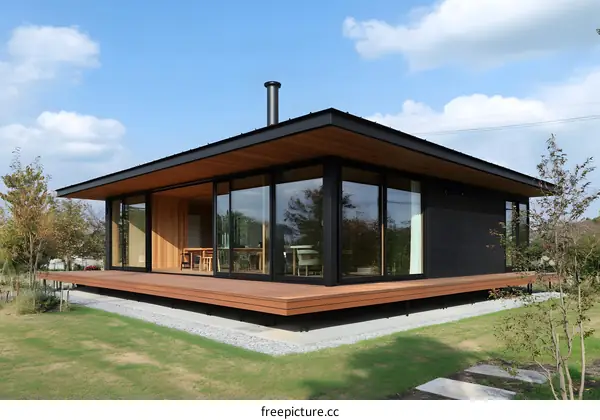 Modern Black and Wood House with Large Windows and Deck