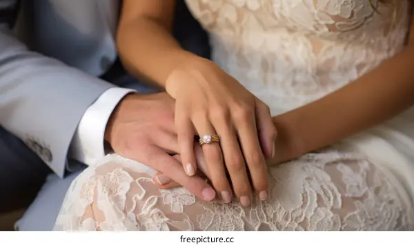 A newlywed couple holding hands