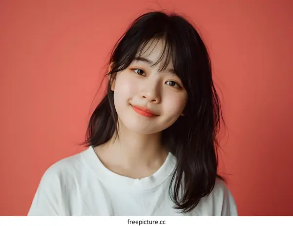 Portrait of a Smiling Asian Woman with Long Black Hair