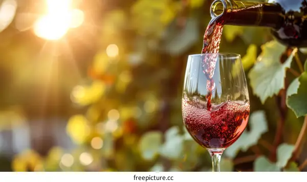 Red wine being poured into a glass with a blurred background of a vineyard