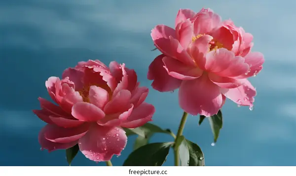 Two Vibrant Pink Peonies in Full Bloom Against Blue Sky