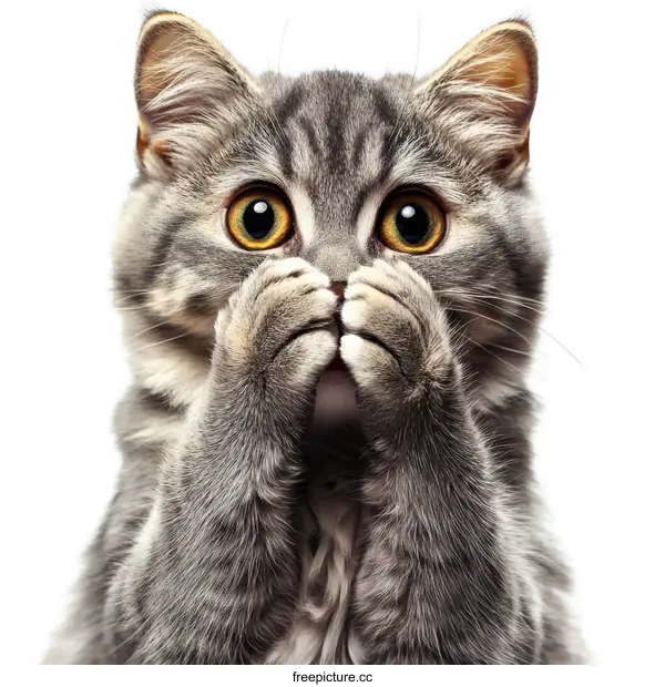 [Transparent Background PNG]Cute Grey Cat Hiding Face with Paws