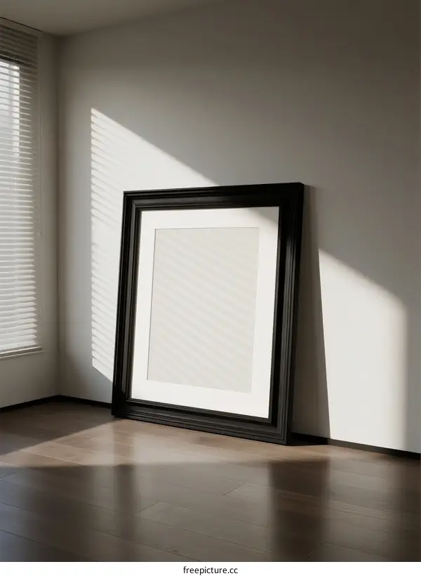 A large empty picture frame standing against a white wall in a room