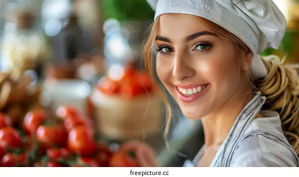 Portrait of a beautiful young woman chef smiling in a restaurant kitchen