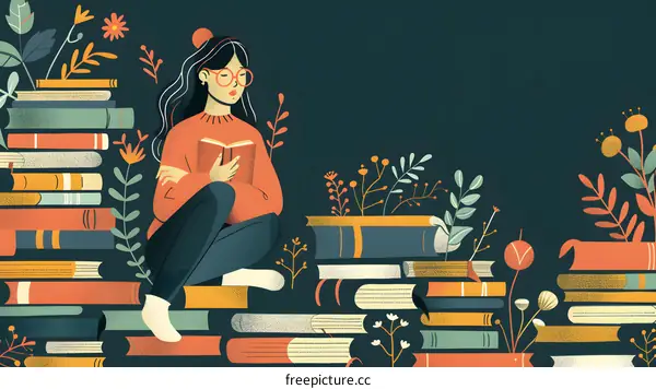 Woman Reading Book Surrounded By Stacks Of Books