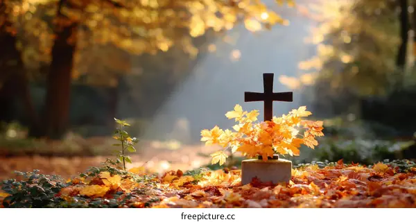Autumnal Cemetery Cross with Fallen Leaves