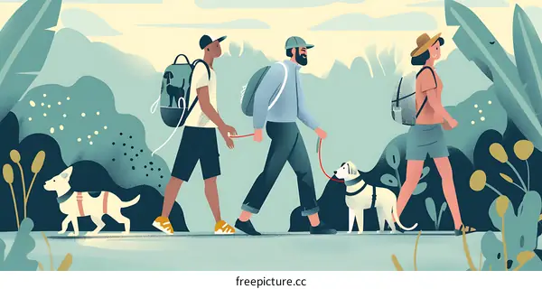 Three People Walking Through Nature With Two Dogs