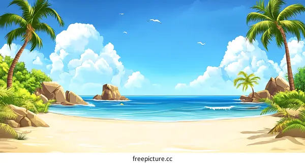 Tropical Beach Scene with Palm Trees and Blue Sky
