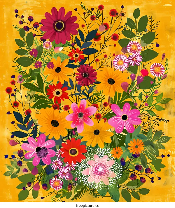 Colorful Flowers and Leaves Illustration